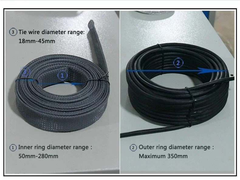 sample of steel wire rope statistical length coiled cut tied Machine, cable Coiling Tying Bundle With Meter Counting, Wire Cutting coil Winding Binding Machine, Cable Rewinding Machine, Fully Automatic Binding Wire Tying Machine, Wire Winding Coil Machine 